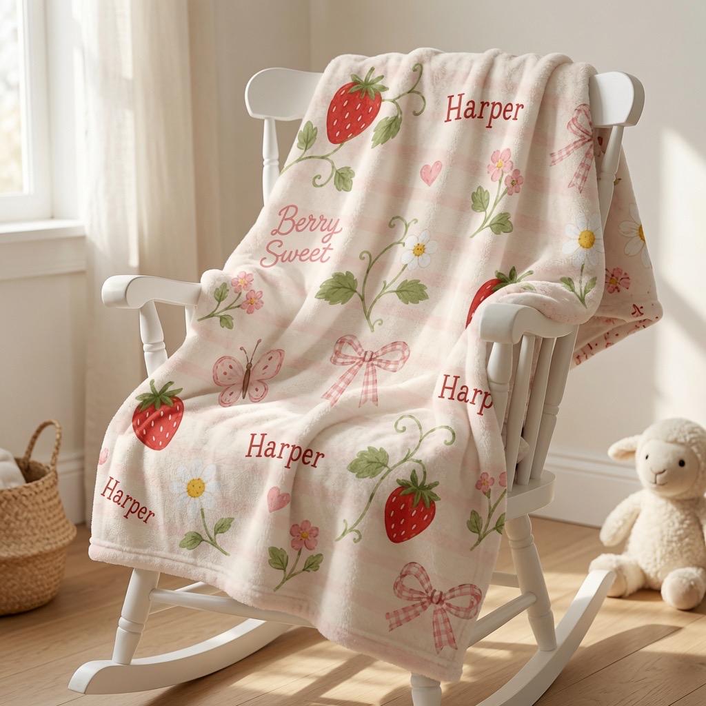 Personalized Strawberry Baby Blanket, Custom Baby Girl Blanket, Strawberry Nursery Blanket, Pink Gingham Baby Blanket, Sweet 