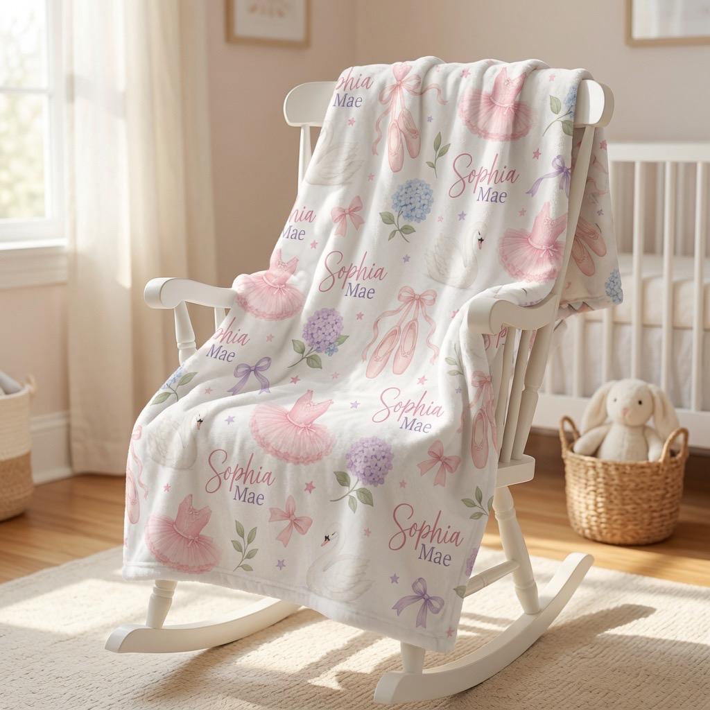 Personalized Ballerina Baby Blanket, Custom Ballet Blanket, Swan Princess Nursery Blanket, Ballet Shoes Baby Girl Gift, Perso