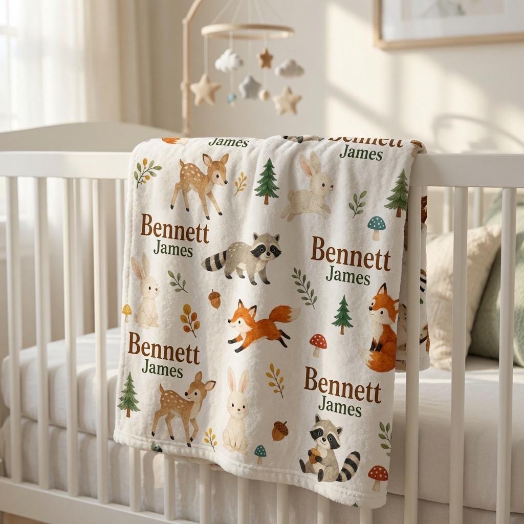 Personalized Woodland Baby Blanket, Custom Fox Deer Bunny Nursery Blanket, Forest Animal Baby Boy Blanket, Rustic Woodland Nu