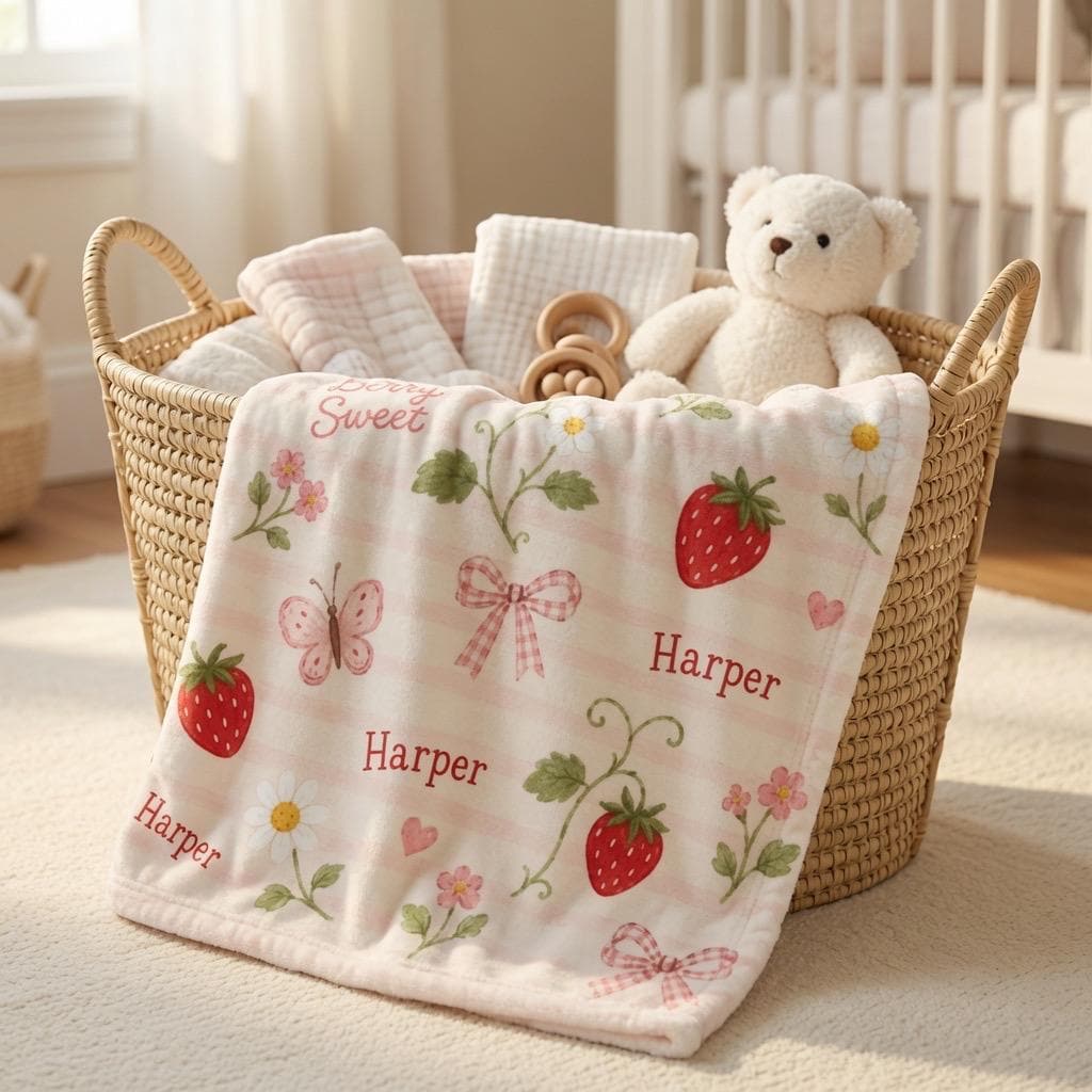 Personalized Strawberry Baby Blanket, Custom Baby Girl Blanket, Strawberry Nursery Blanket, Pink Gingham Baby Blanket, Sweet 