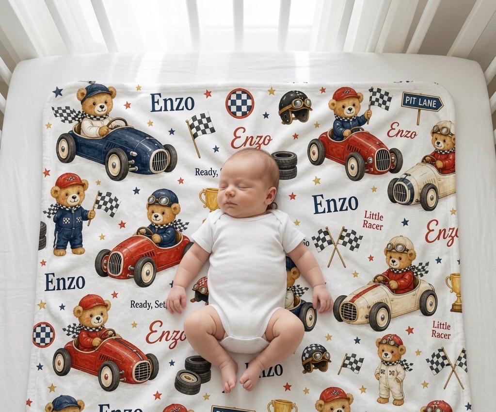 Personalized Race Car Baby Blanket, Custom Vintage Race Car Blanket, Little Racer Baby Boy Blanket, Race Car Nursery Decor, B