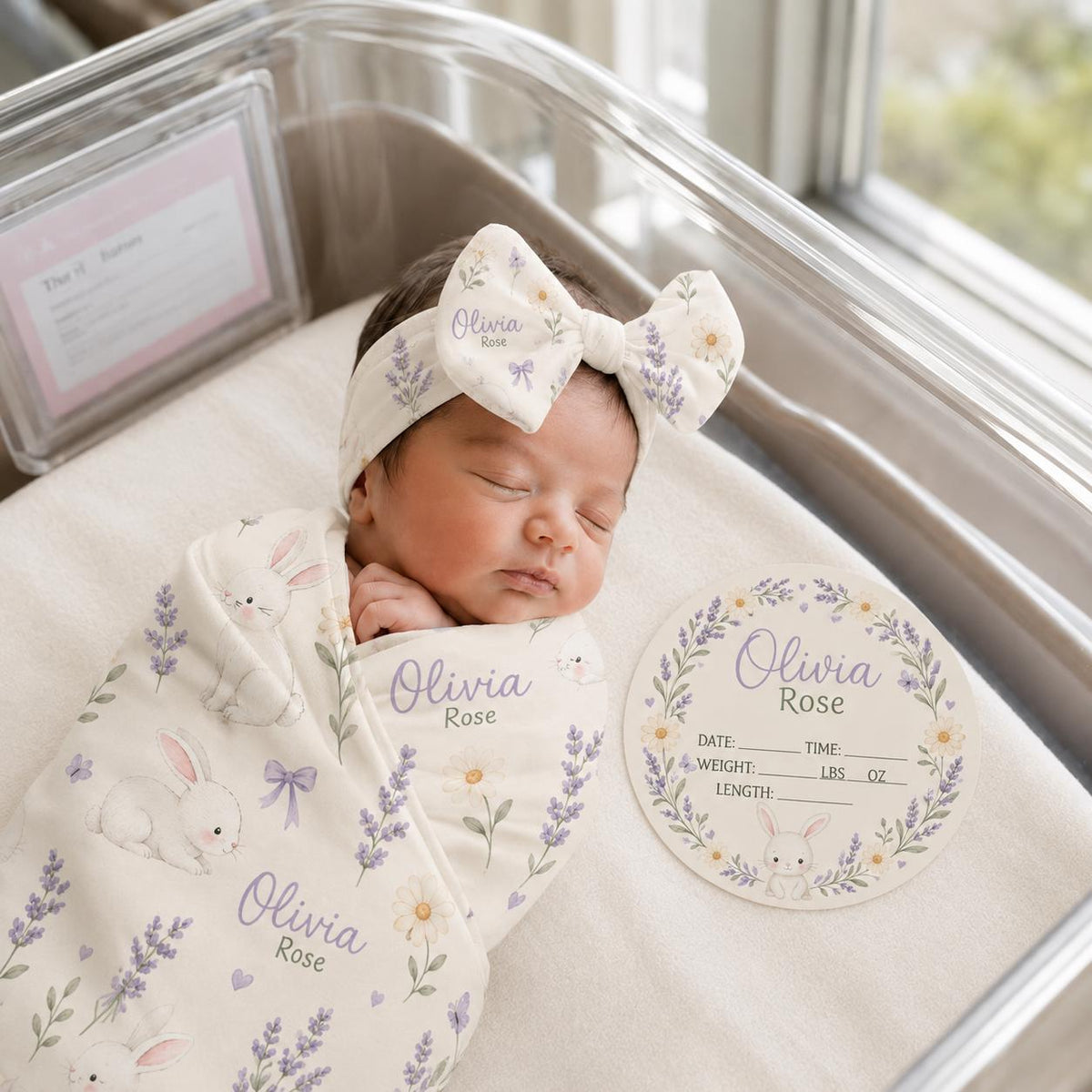 Personalized Bunny Swaddle Blanket & Birth Announcement Sign Set | Custom Baby Name Blanket | Newborn Hospital Gift | Baby Sh
