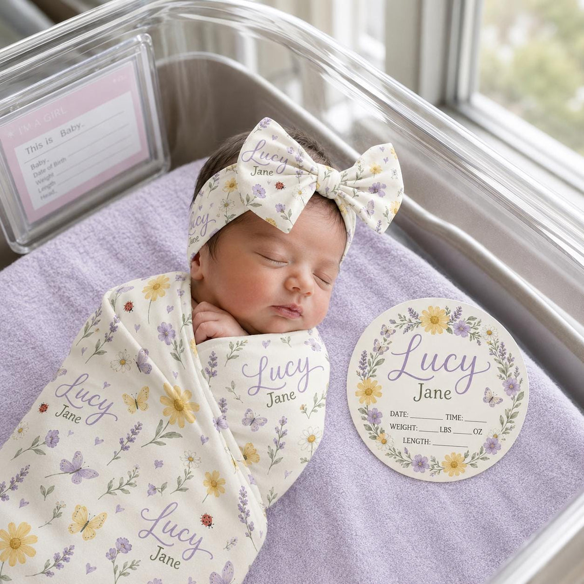 Personalized Wildflower Swaddle Blanket & Birth Announcement Sign Set | Custom Baby Name Swaddle | Newborn Hospital Gift | Ba