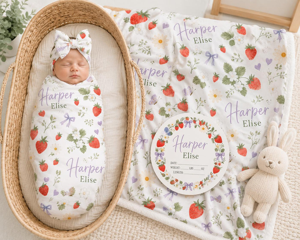 Personalized Strawberry Swaddle Blanket, Baby Name Blanket & Birth Announcement Sign Set | Newborn Girl Gift | Baby Shower Gi
