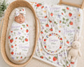 Personalized Strawberry Swaddle Blanket, Baby Name Blanket & Birth Announcement Sign Set | Newborn Girl Gift | Baby Shower Gi