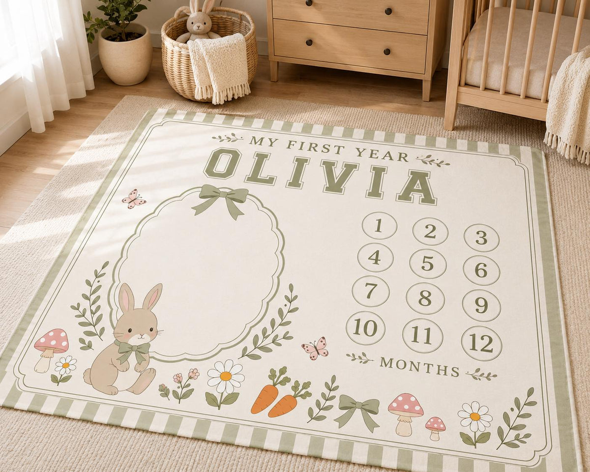 Personalized Bunny Baby Milestone Blanket, Baby Girl Monthly Milestone Blanket, Woodland Bunny First Year Blanket, Spring Nur