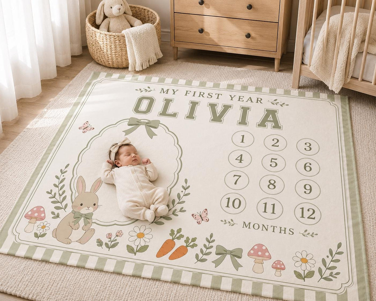 Personalized Bunny Baby Milestone Blanket, Baby Girl Monthly Milestone Blanket, Woodland Bunny First Year Blanket, Spring Nur