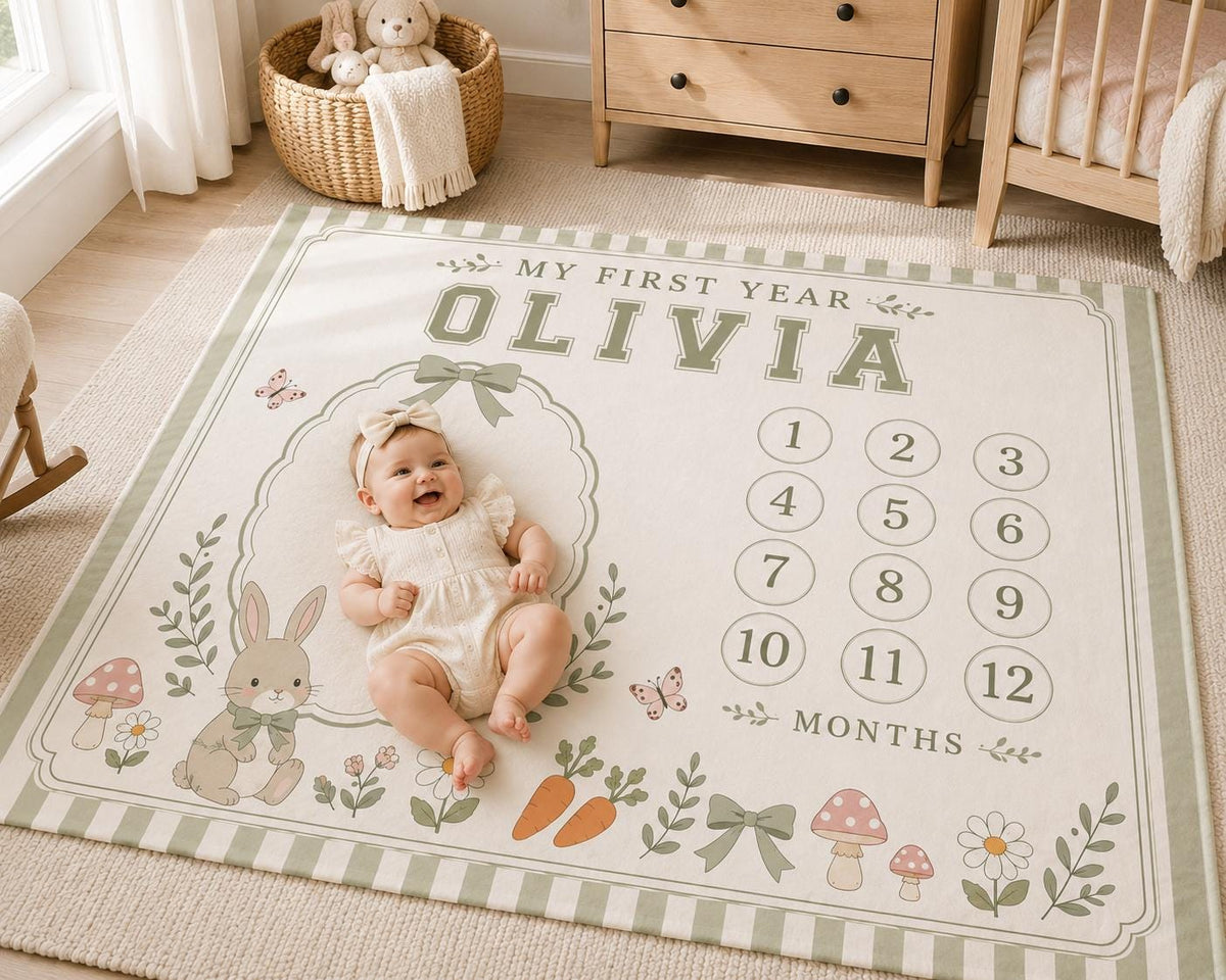 Personalized Bunny Baby Milestone Blanket, Baby Girl Monthly Milestone Blanket, Woodland Bunny First Year Blanket, Spring Nur
