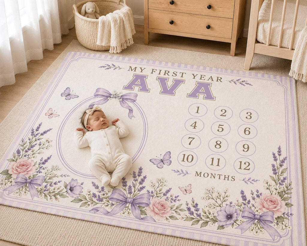 Personalized Lavender Baby Milestone Blanket, Baby Girl Monthly Milestone Blanket, Floral First Year Blanket, Purple Bow Nurs