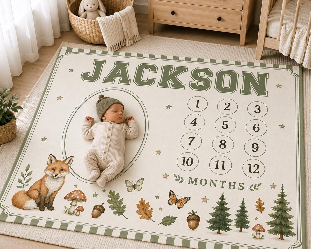 Personalized Woodland Baby Milestone Blanket, Forest Animal Monthly Milestone Blanket, Baby First Year Blanket, Fox Nursery G