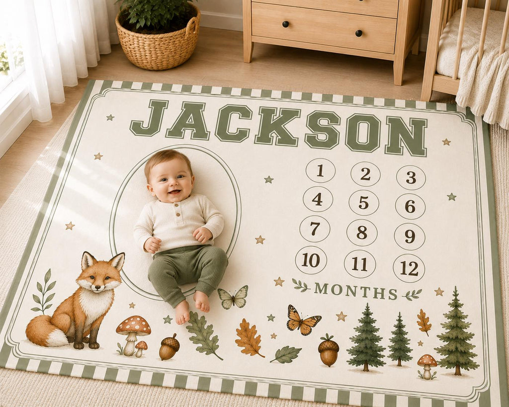 Personalized Woodland Baby Milestone Blanket, Forest Animal Monthly Milestone Blanket, Baby First Year Blanket, Fox Nursery G