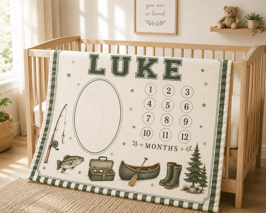 Personalized Fishing Baby Milestone Blanket, Little Fisherman Monthly Milestone Blanket, Camping First Year Blanket, Outdoor 