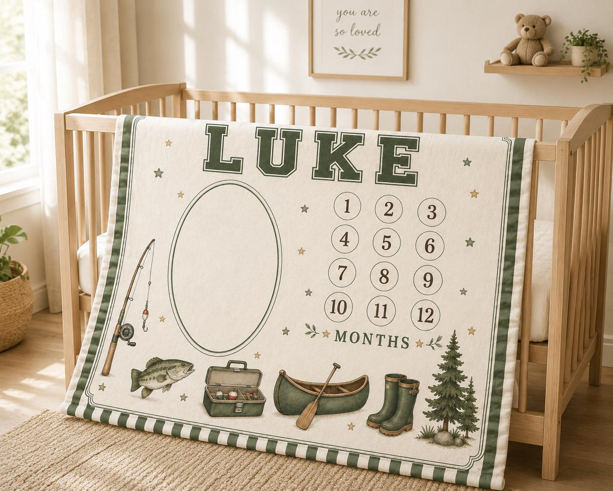 Personalized Fishing Baby Milestone Blanket, Little Fisherman Monthly Milestone Blanket, Camping First Year Blanket, Outdoor 
