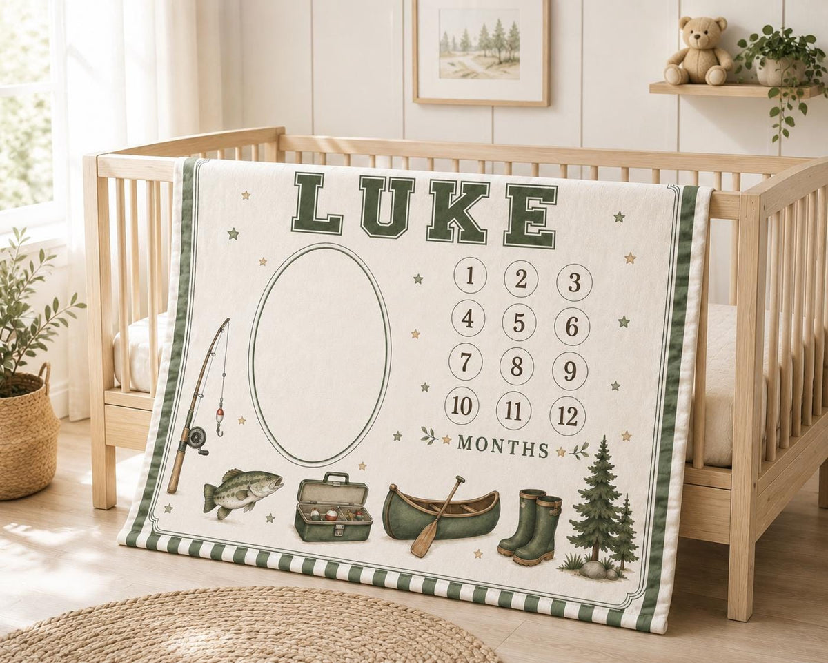 Personalized Fishing Baby Milestone Blanket, Little Fisherman Monthly Milestone Blanket, Camping First Year Blanket, Outdoor 