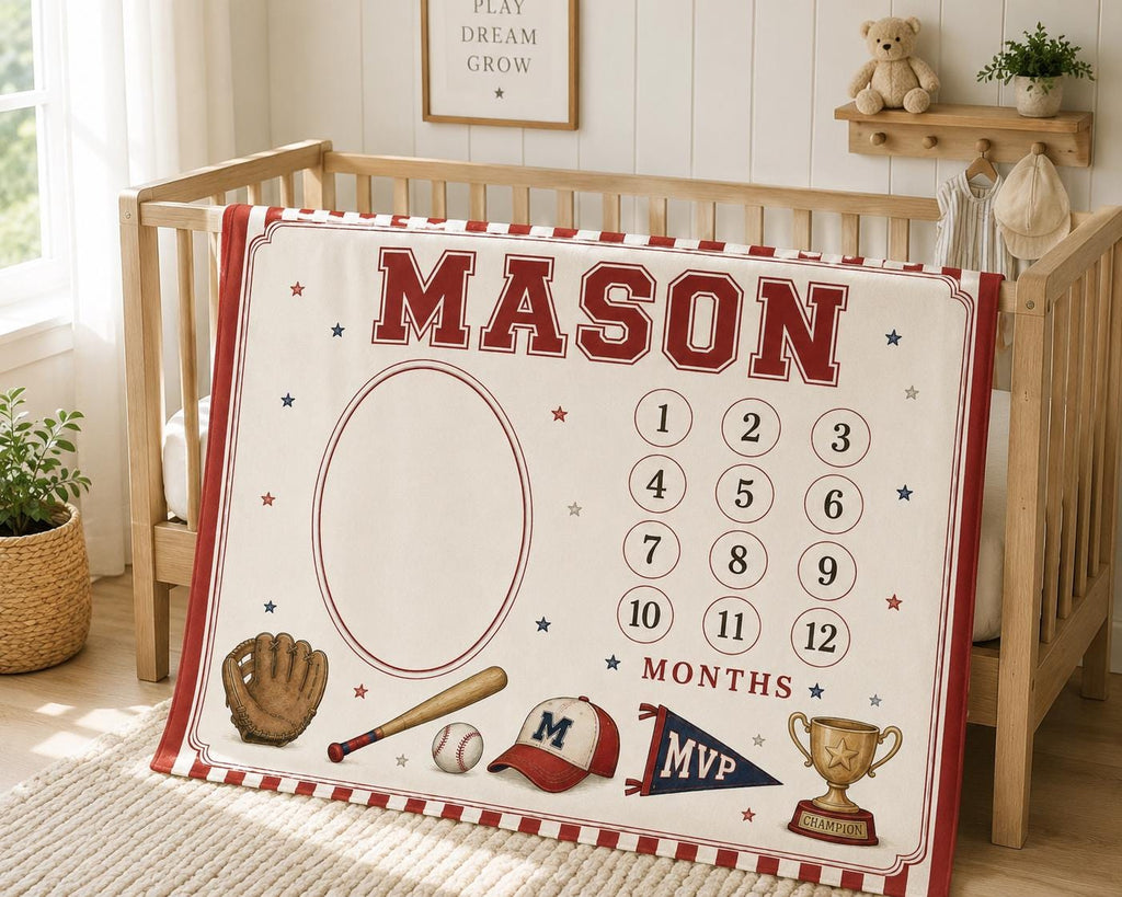 Personalized Baseball Baby Milestone Blanket, Little Slugger Monthly Milestone Blanket, Baseball Nursery Decor, First Year Ph