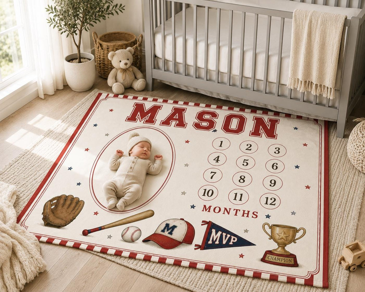 Personalized Baseball Baby Milestone Blanket, Little Slugger Monthly Milestone Blanket, Baseball Nursery Decor, First Year Ph