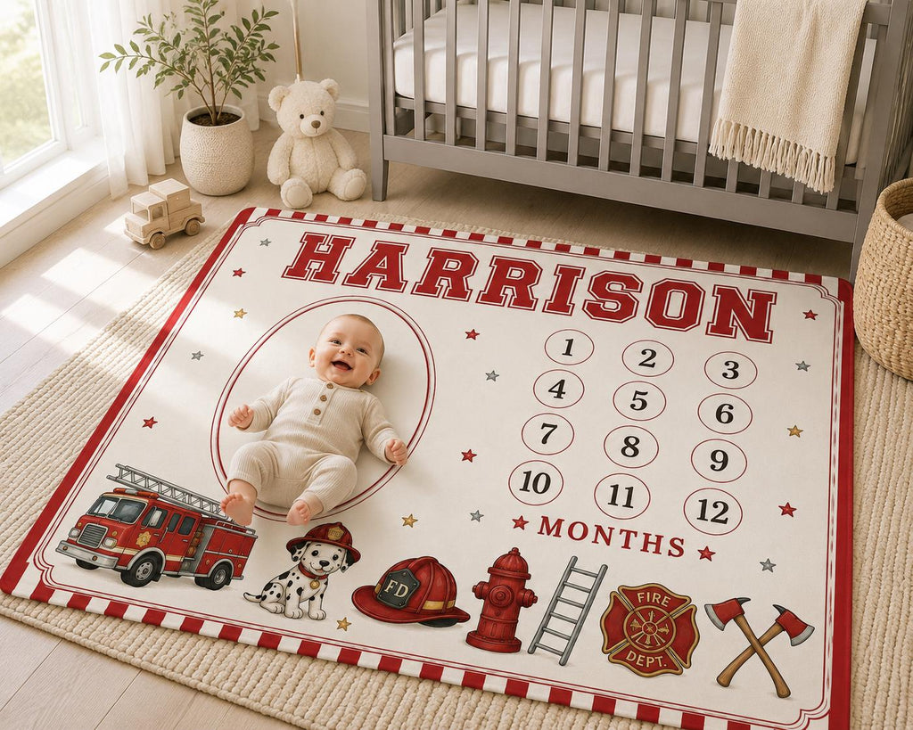 Personalized Firefighter Baby Milestone Blanket, Fire Truck Monthly Milestone Blanket, Firefighter Nursery Decor, First Year 