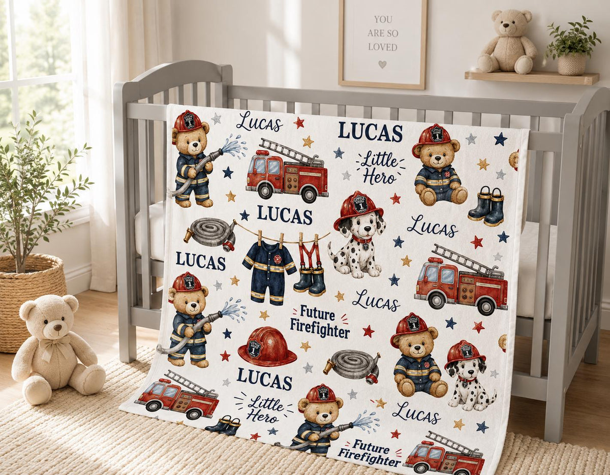 Personalized Firefighter Baby Blanket, Future Firefighter Blanket, Fire Truck Teddy Bear Blanket, Custom Fireman Baby Gift Nu