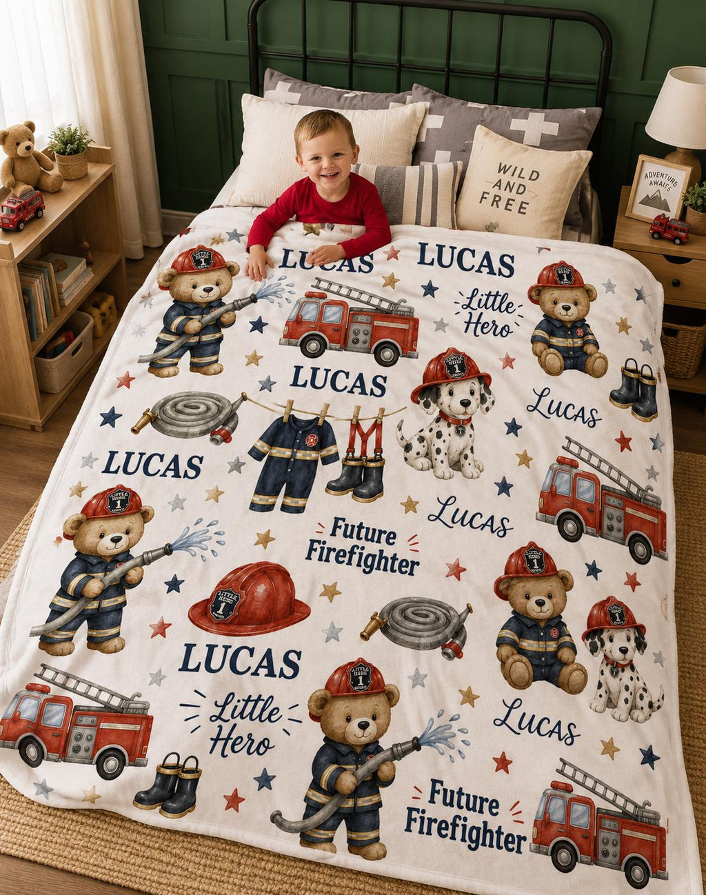 Personalized Firefighter Baby Blanket, Future Firefighter Blanket, Fire Truck Teddy Bear Blanket, Custom Fireman Baby Gift Nu