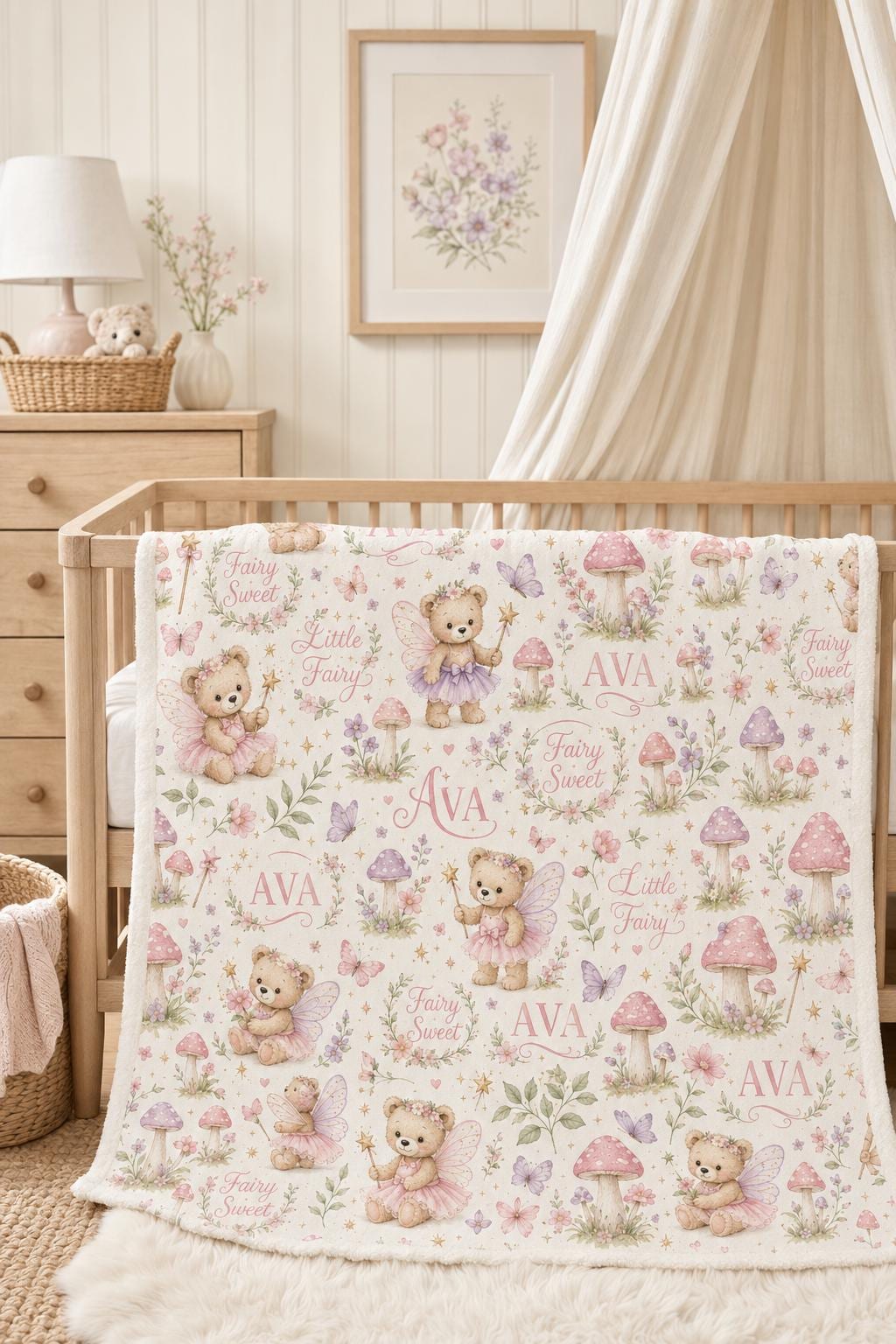 Personalized Fairy Baby Blanket, Custom Fairy Teddy Bear Blanket, Magical Baby Girl Blanket, Fairytale Nursery Decor, Baby Sh