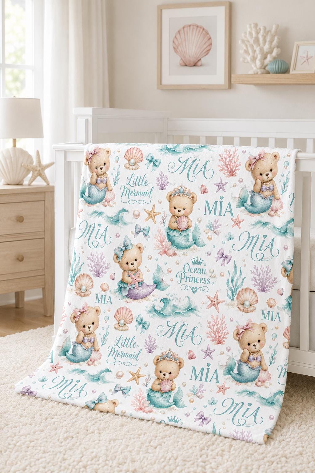 Personalized Mermaid Baby Blanket, Custom Ocean Princess Name Blanket, Little Mermaid Nursery Blanket, Mermaid Girl Baby Show