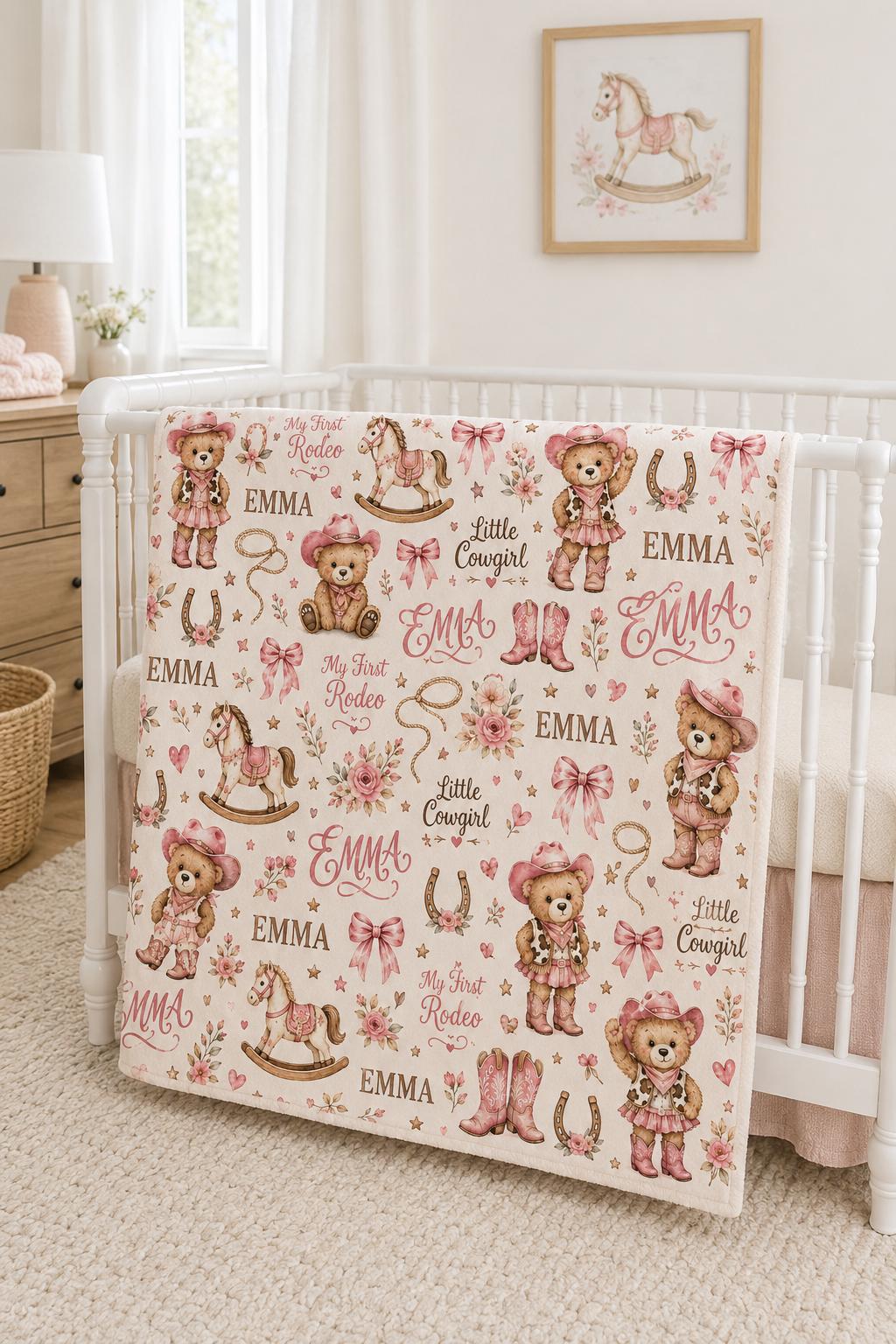 Personalized Cowgirl Baby Blanket, Custom Western Baby Girl Blanket, My First Rodeo Blanket, Pink Cowboy Nursery Blanket, Bab