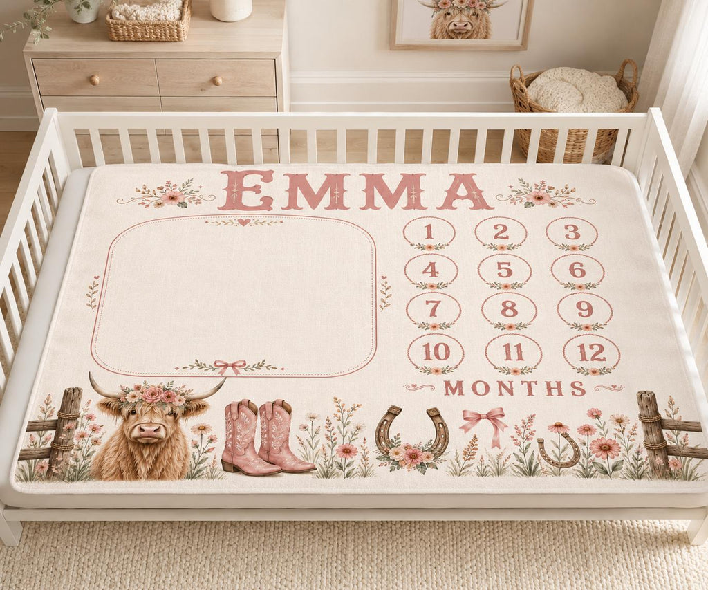 Personalized Cowgirl Milestone Blanket, My First Year Blanket, Western Baby Girl Milestone Blanket, Pink Highland Cow Monthly