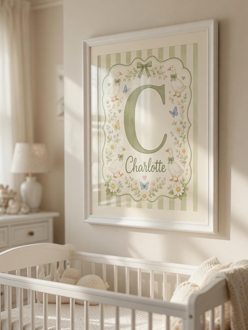 Personalized Goose Nursery Print, Custom Girl Name Wall Art, Sage Green Nursery Decor, Baby Goose Printable Digital Download