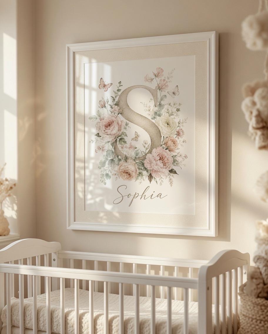Personalized Floral Initial Nursery Print, Custom Name Wall Art, Neutral Baby Girl Nursery Decor, Botanical Digital Download