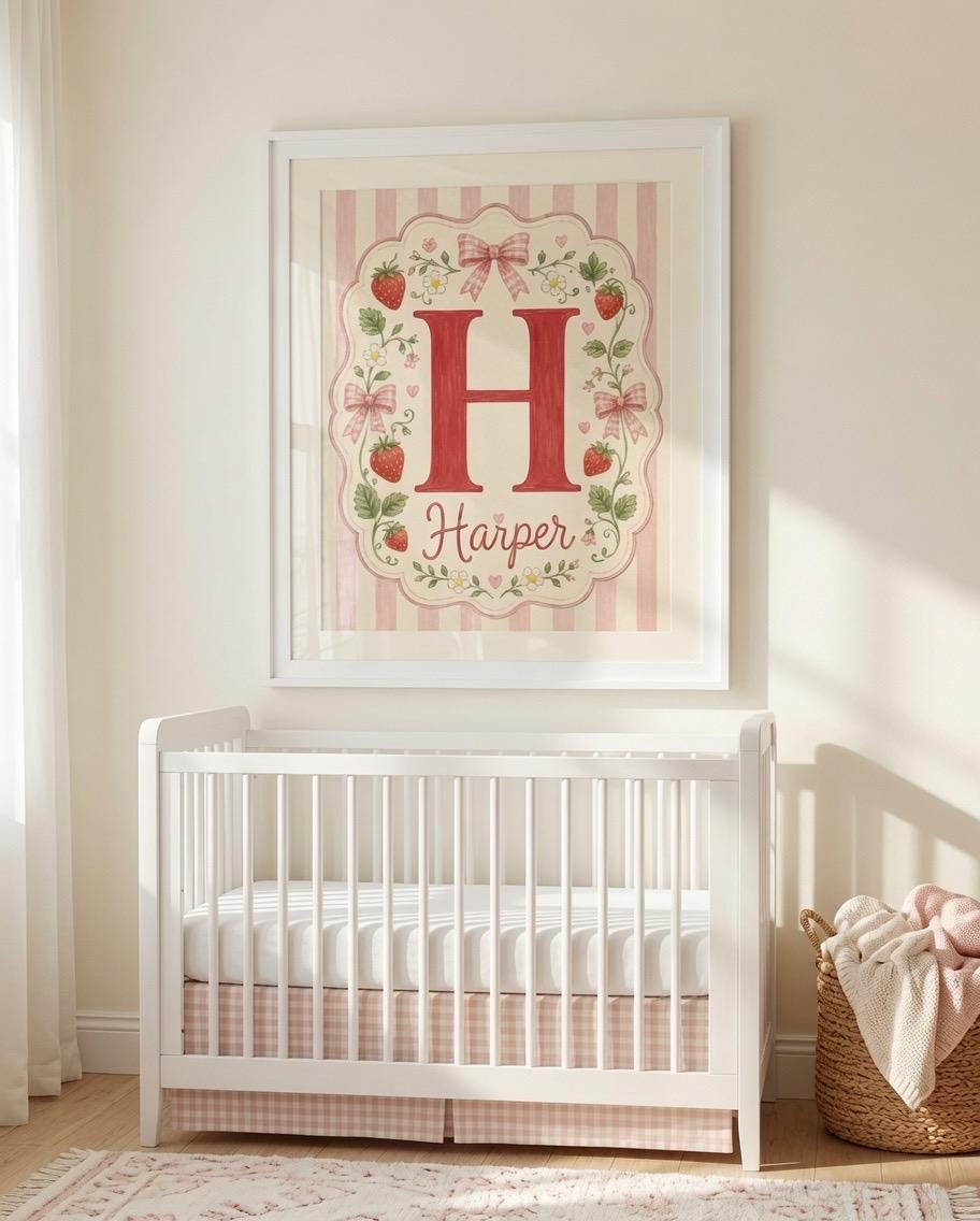 Personalized Strawberry Nursery Print, Custom Girl Name Wall Art, Floral Initial Nursery Decor, Baby Girl Digital Download