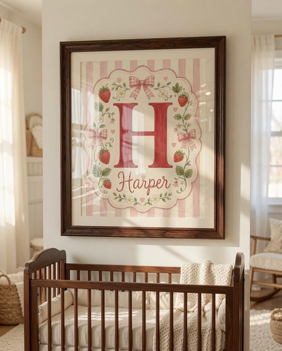 Personalized Strawberry Nursery Print, Custom Girl Name Wall Art, Floral Initial Nursery Decor, Baby Girl Digital Download