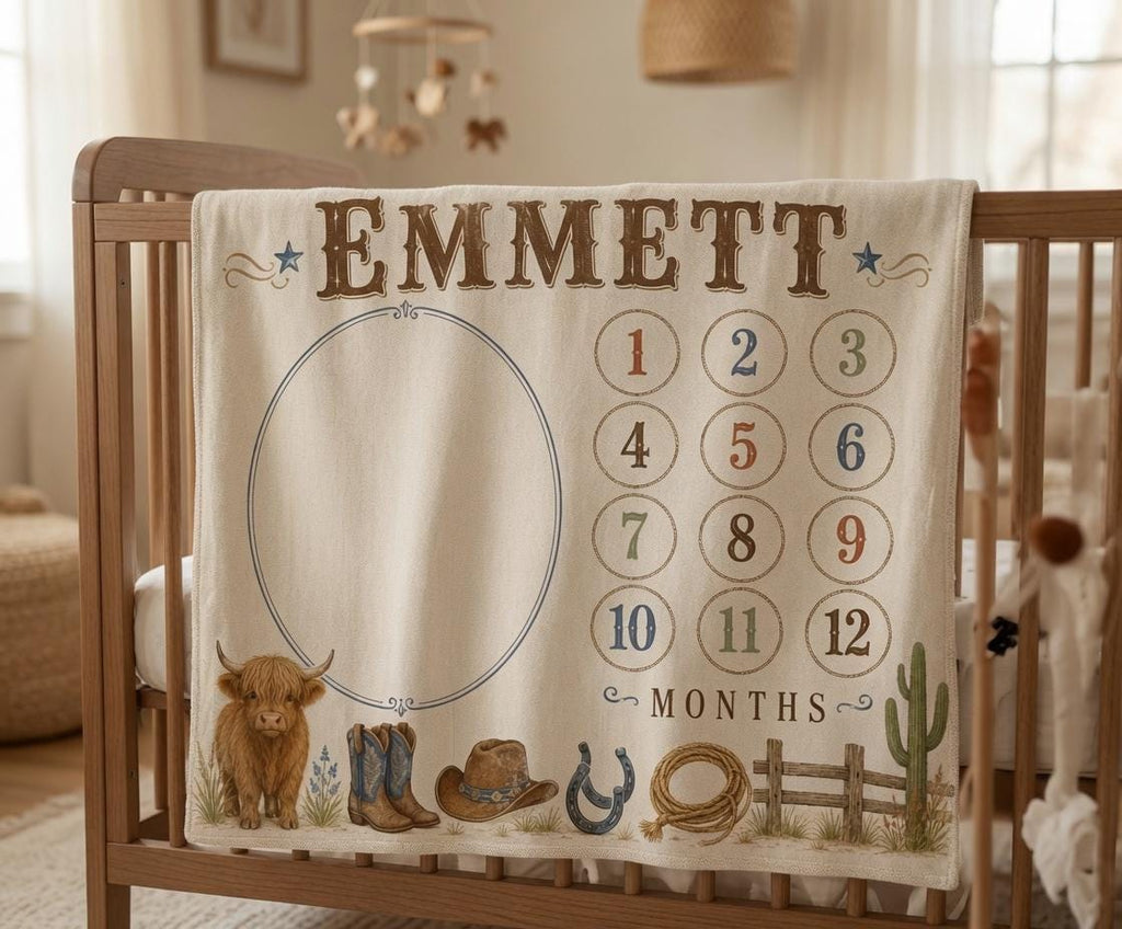 Personalized Western Milestone Blanket, Cowboy Baby Milestone Blanket, Highland Cow Monthly Blanket, Rustic Baby Boy First Ye