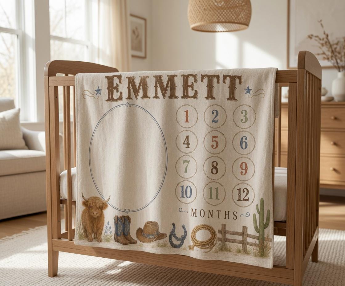 Personalized Western Milestone Blanket, Cowboy Baby Milestone Blanket, Highland Cow Monthly Blanket, Rustic Baby Boy First Ye