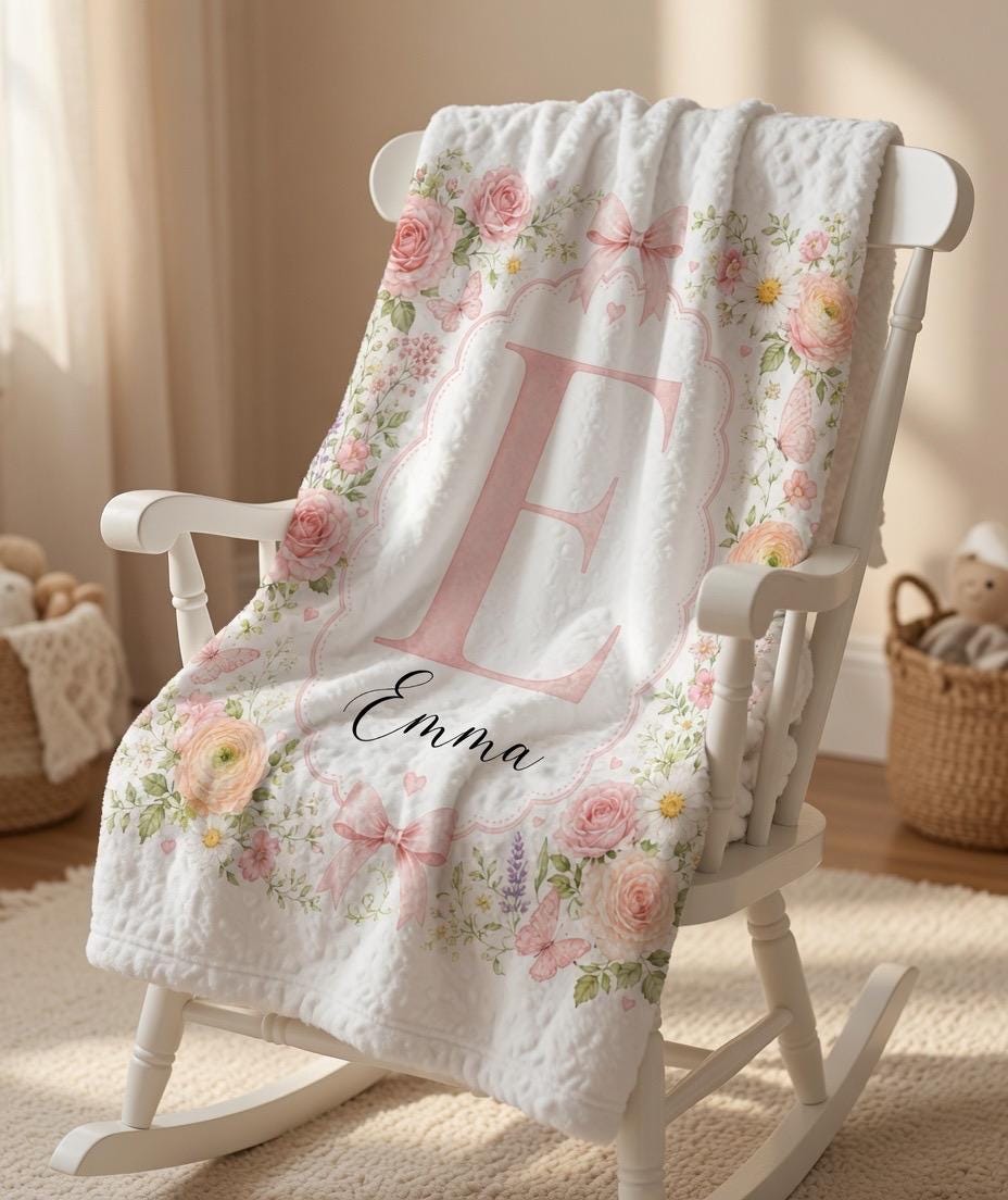 Personalized Floral Baby Blanket, Custom Initial Name Blanket, Girl Nursery Blanket, Monogram Baby Blanket, Pink Floral Baby 