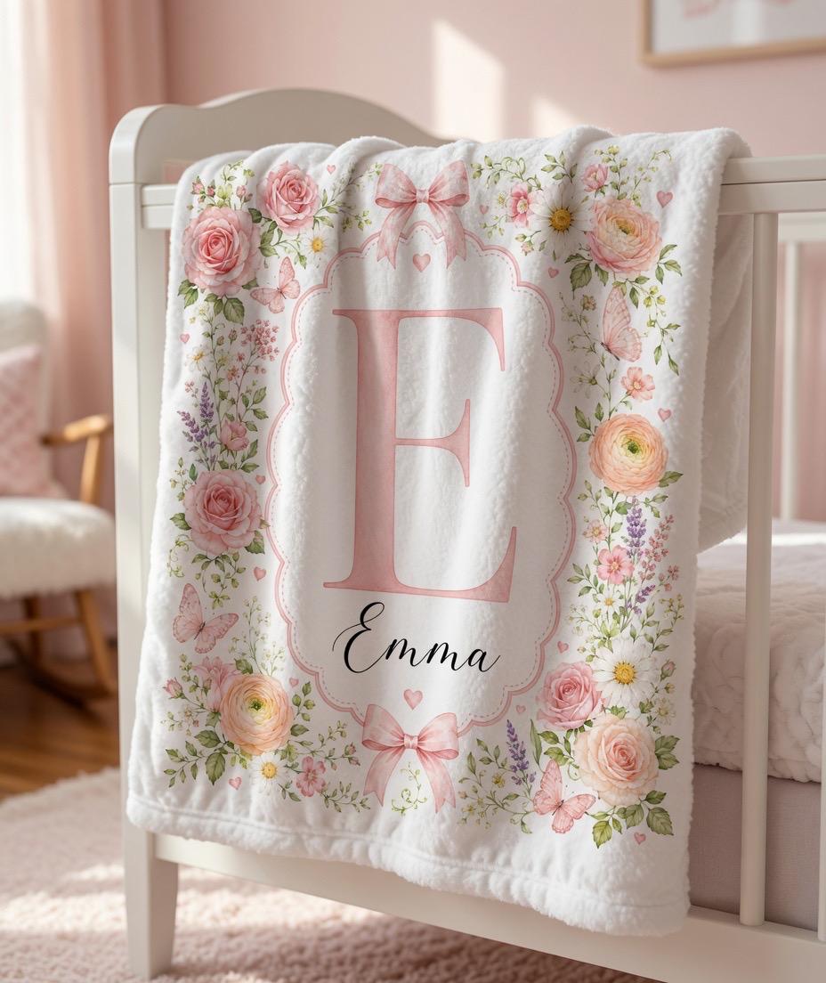 Personalized Floral Baby Blanket, Custom Initial Name Blanket, Girl Nursery Blanket, Monogram Baby Blanket, Pink Floral Baby 