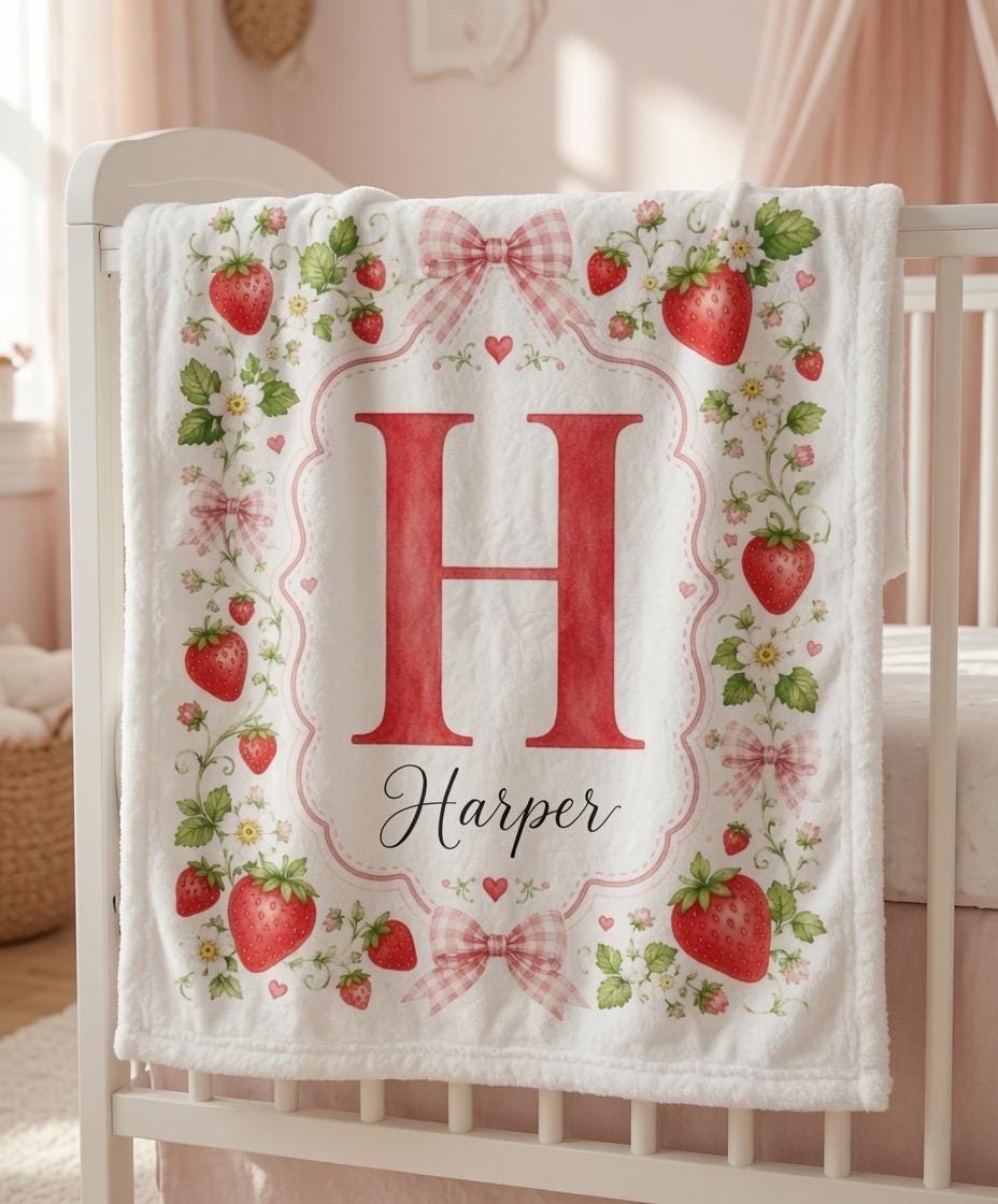 Personalized Strawberry Baby Blanket, Custom Initial Name Blanket, Strawberry Nursery Blanket, Baby Girl Minky Blanket, Berry