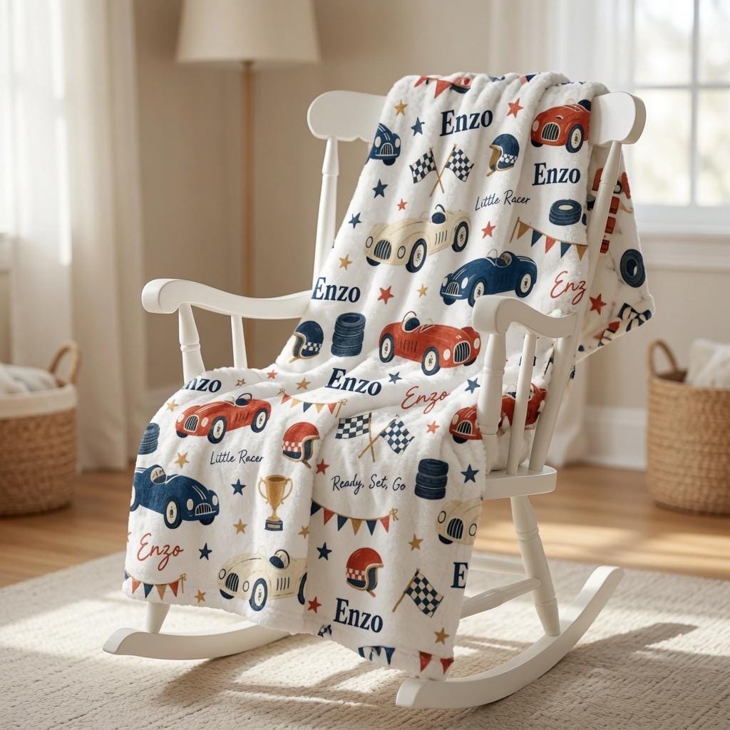 Personalized Race Car Baby Blanket, Custom Name Racing Blanket, Vintage Race Car Minky Blanket, Little Racer Baby Boy Gift, C