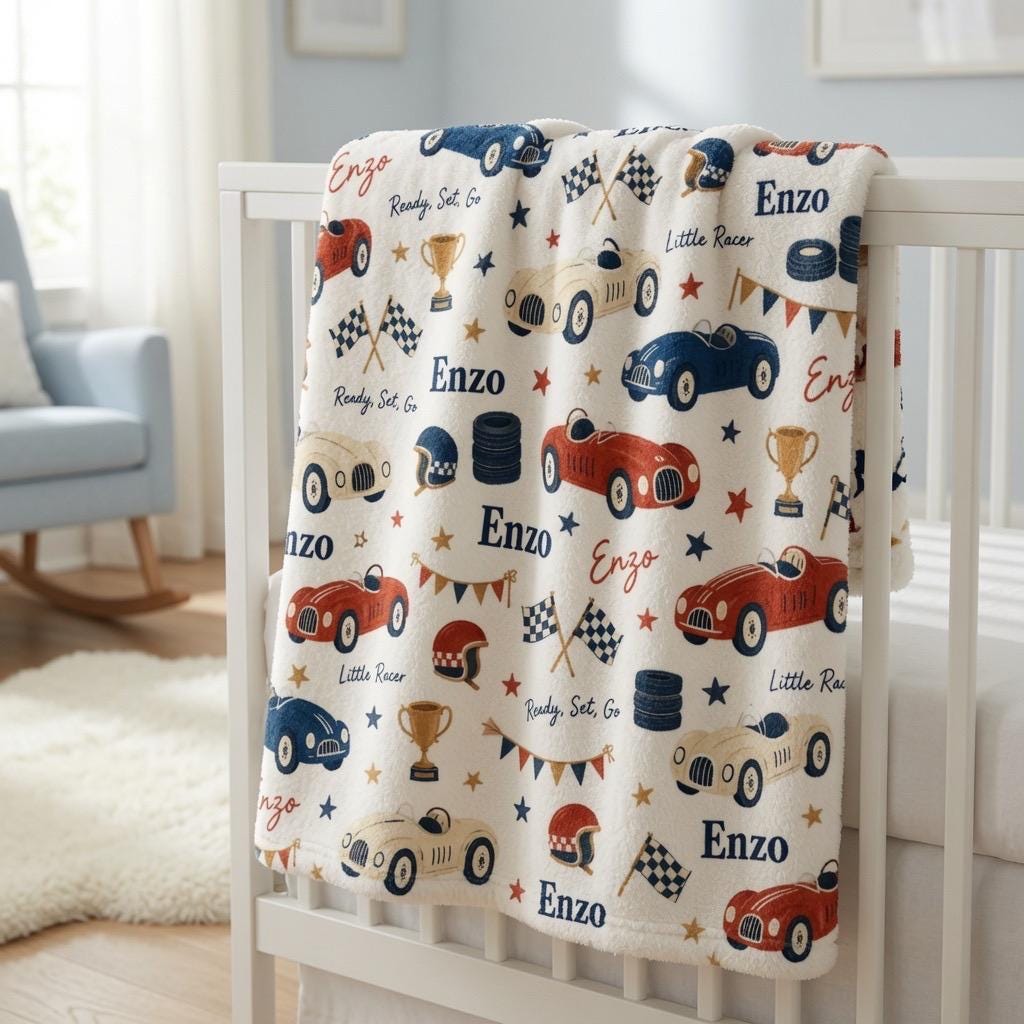 Personalized Race Car Baby Blanket, Custom Name Racing Blanket, Vintage Race Car Minky Blanket, Little Racer Baby Boy Gift, C