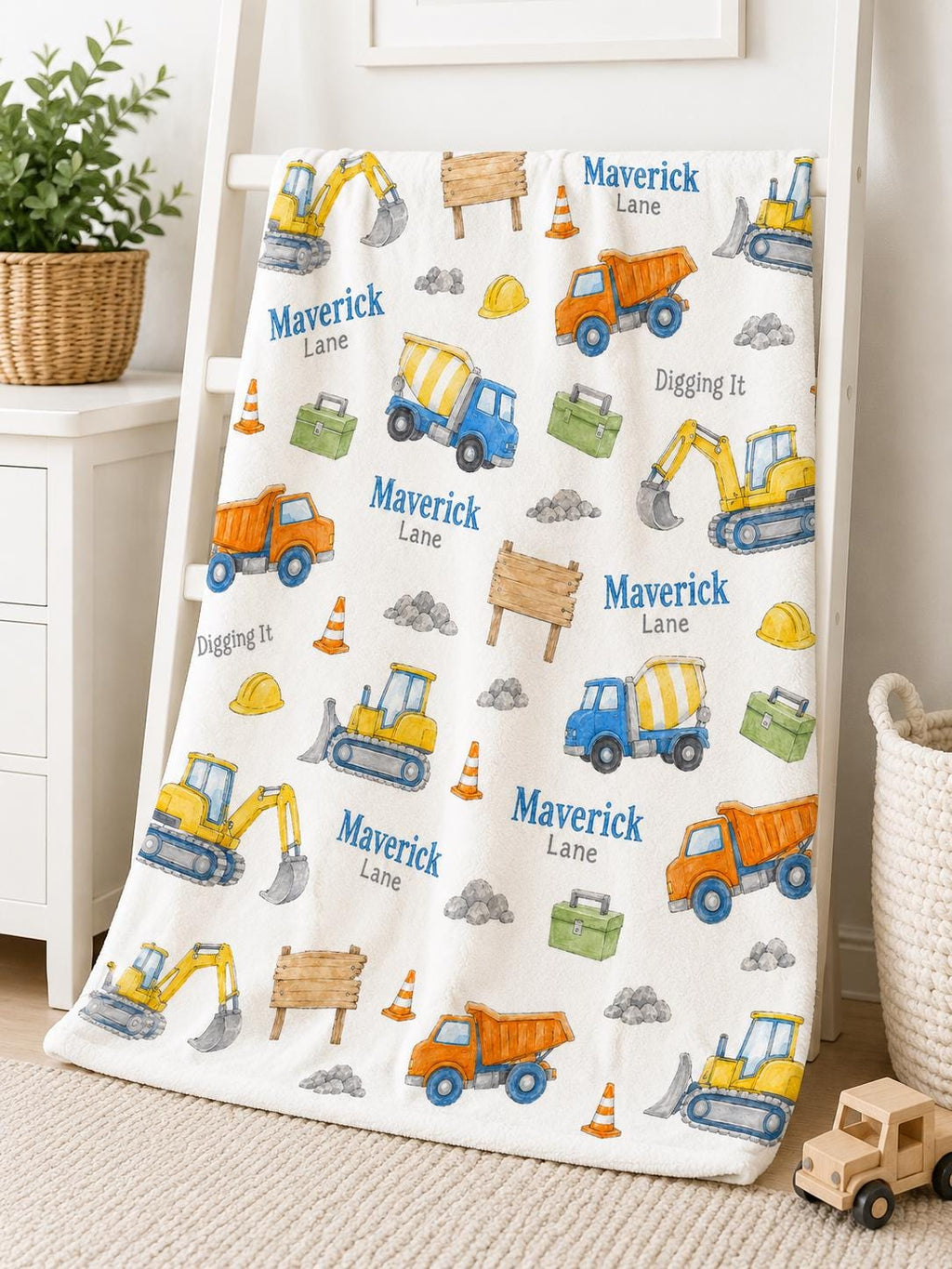 Personalized Construction Baby Blanket, Custom Name Construction Truck Blanket, Excavator Minky Blanket, Dump Truck Baby Boy 