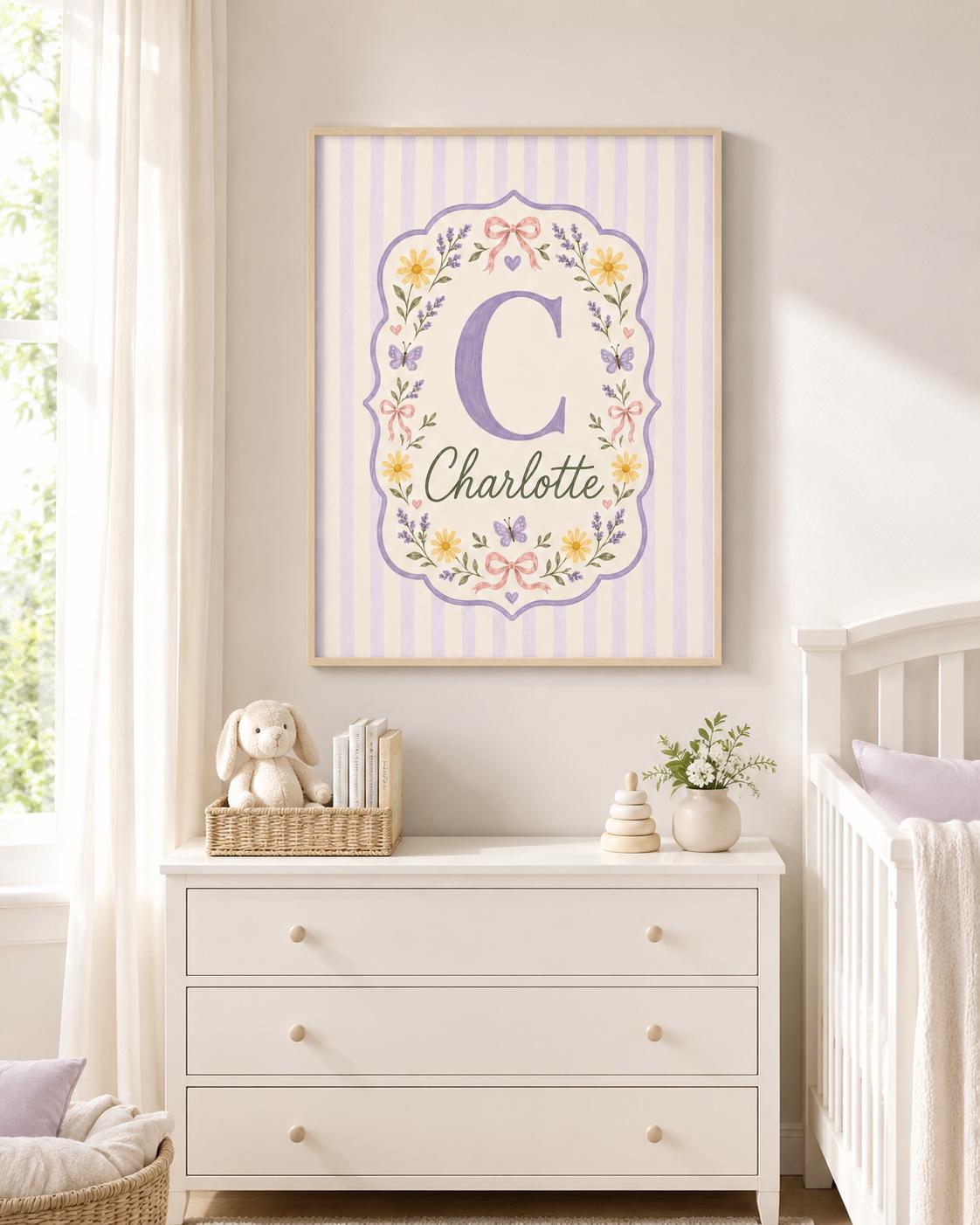 Personalized Butterfly Nursery Print, Custom Girl Name Wall Art, Lavender Floral Initial Decor, Digital Download Nursery Art