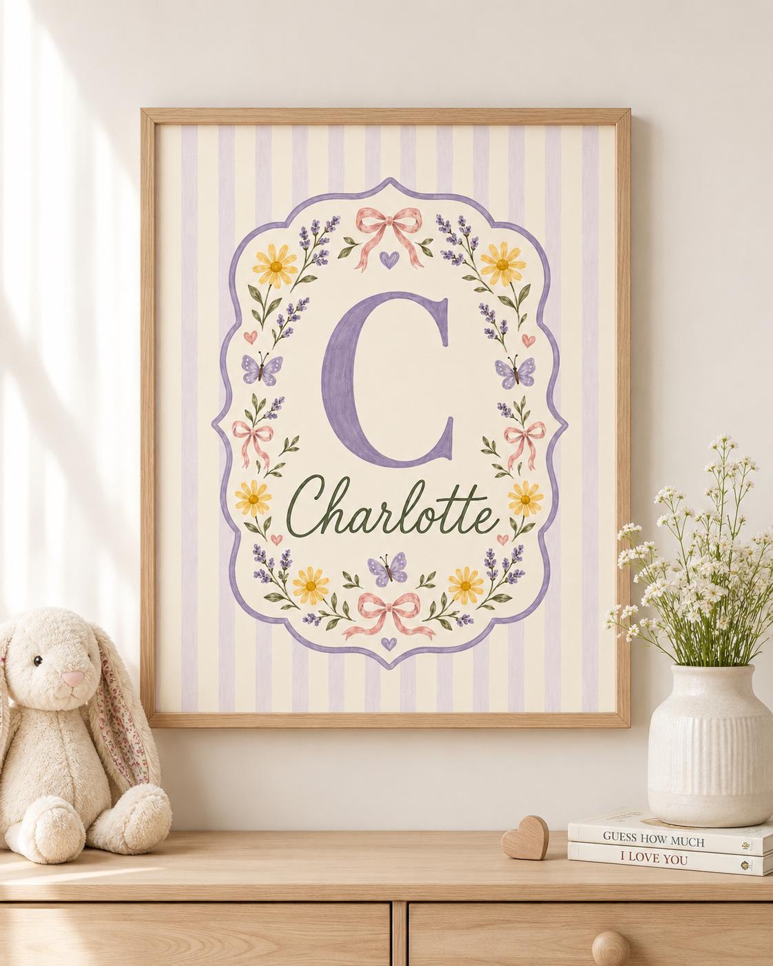 Personalized Butterfly Nursery Print, Custom Girl Name Wall Art, Lavender Floral Initial Decor, Digital Download Nursery Art
