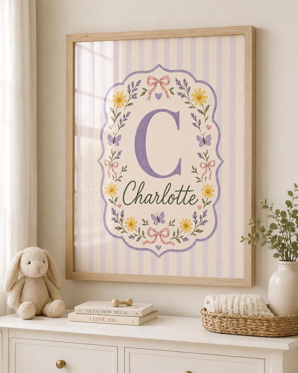 Personalized Butterfly Nursery Print, Custom Girl Name Wall Art, Lavender Floral Initial Decor, Digital Download Nursery Art