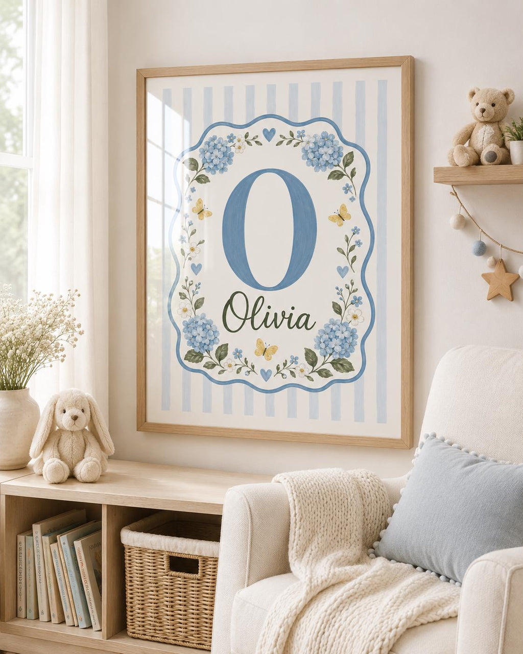 Personalized Blue Hydrangea Nursery Print, Custom Girl Name Wall Art, Floral Initial Nursery Decor, Digital Download Baby Gif