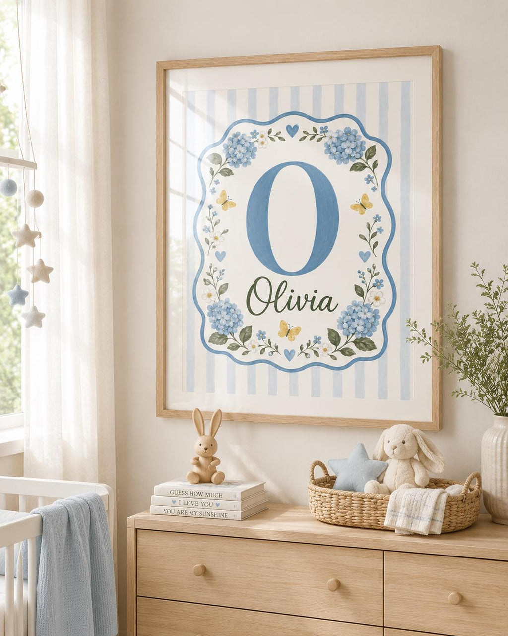 Personalized Blue Hydrangea Nursery Print, Custom Girl Name Wall Art, Floral Initial Nursery Decor, Digital Download Baby Gif