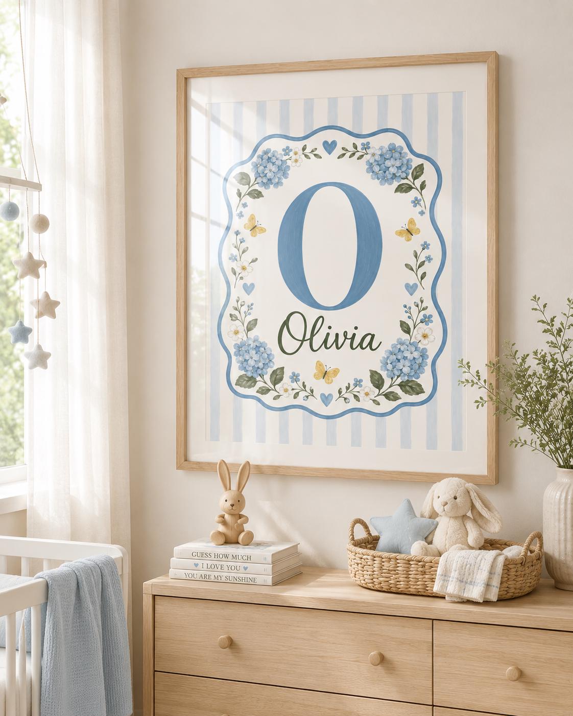 Personalized Blue Hydrangea Nursery Print, Custom Girl Name Wall Art, Floral Initial Nursery Decor, Digital Download Baby Gif
