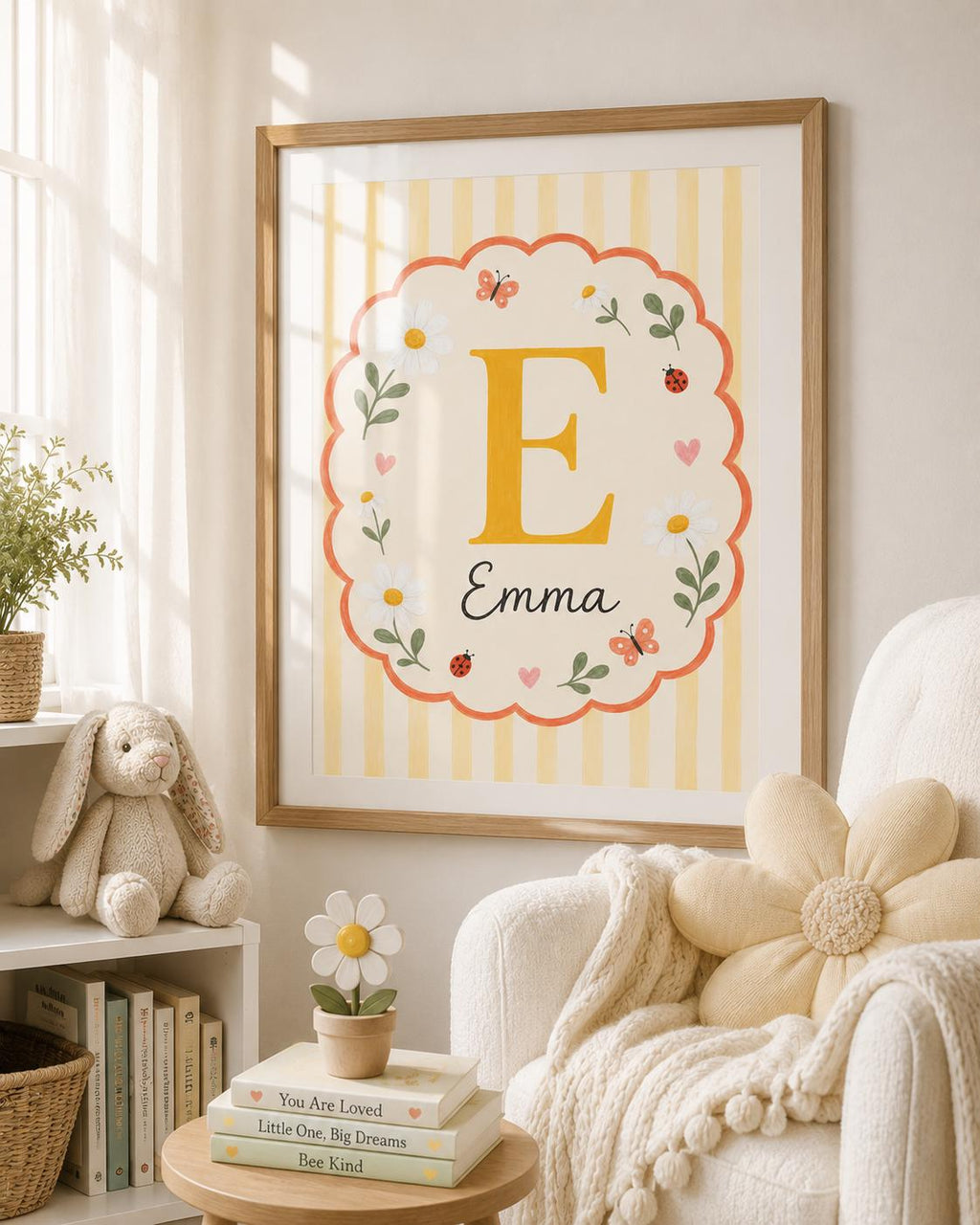 Personalized Daisy Nursery Print, Custom Girl Name Wall Art, Floral Initial Nursery Decor, Ladybug Digital Download Baby Gift