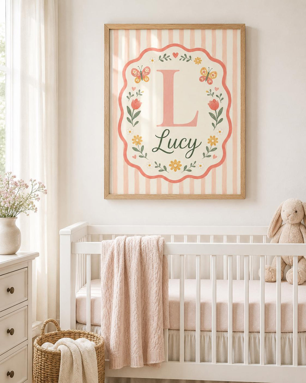 Personalized Floral Nursery Print, Custom Girl Name Wall Art, Pink Butterfly Initial Decor, Digital Download Baby Girl Gift