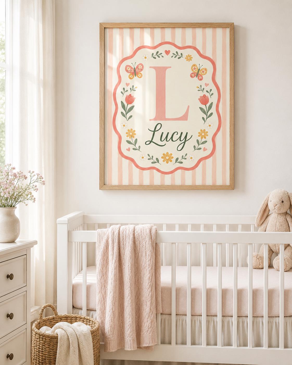 Personalized Floral Nursery Print, Custom Girl Name Wall Art, Pink Butterfly Initial Decor, Digital Download Baby Girl Gift