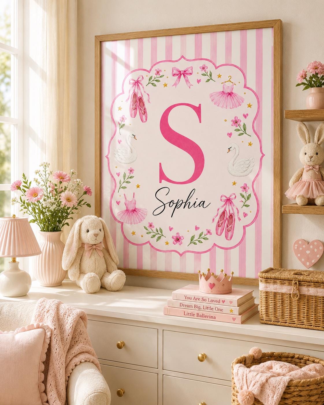 Personalized Ballet Nursery Print, Custom Girl Name Wall Art, Pink Swan Nursery Decor, Ballerina Digital Download Baby Gift