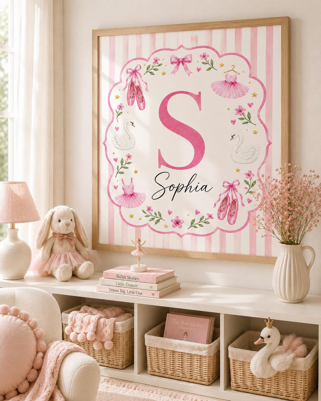Personalized Ballet Nursery Print, Custom Girl Name Wall Art, Pink Swan Nursery Decor, Ballerina Digital Download Baby Gift